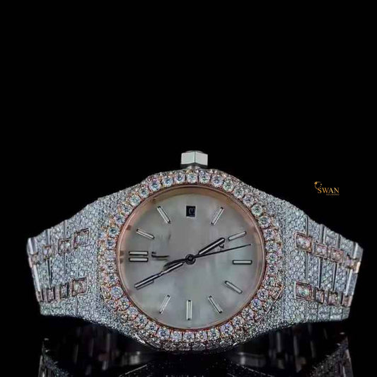 Luxury Two Tone Silver and Rose Gold Iced Out Diamond Watch with Mother of Pearl Dial Full Pave Bracelet Custom Bezel High End swandiamond