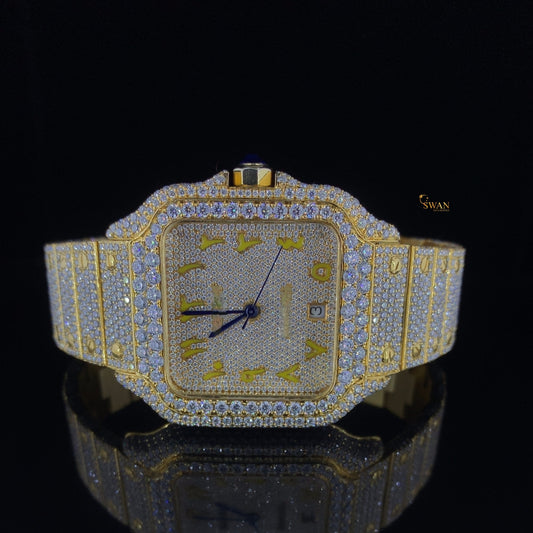 Custom Cartier Santos Diamond Watch Fully Iced Out Yellow Gold Arabic Dial Luxury Mens Timepiece SwanDiamond