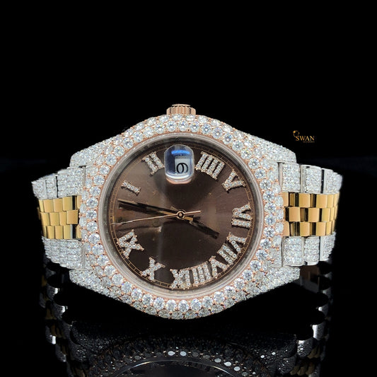 Luxury Diamond Watch Chocolate Brown Dial Two Tone Rose Gold and Silver Fully Iced Out Roman Numerals SwanDiamond Exclusive