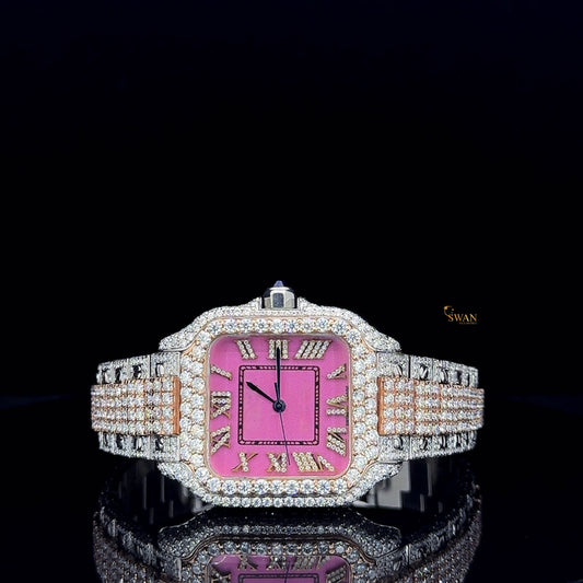Cartier Santos Iced Out Watch Pink Dial Diamond Roman Numerals Two Tone Rose Gold Bracelet Luxury Custom SwanDiamond