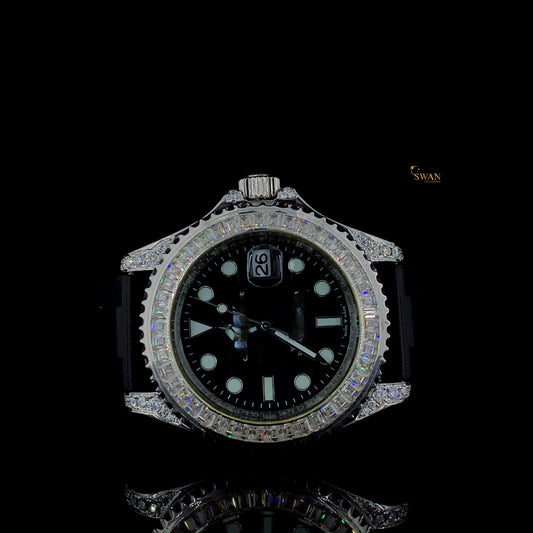 Luxury Rolex Yacht Master Custom Iced Out Watch Black Dial Diamond Bezel Rubber Strap Men’s Jewelry Gift SwanDiamond