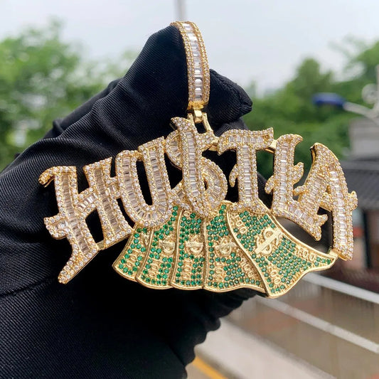 Cubic Zirconia Full Diamond Two Tone Hip Hop Men Boy Jewelry Letter Hustla Dollars Money Pendant by swandiamond