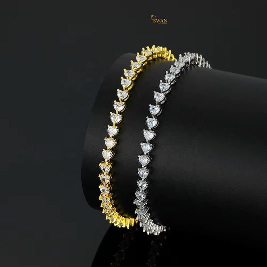 Elegant Heart Cut Diamond Tennis Bracelet in White Gold and Yellow Gold Sparkling Natural Diamond Jewelry Timeless Luxury Gift for Her swandiamond
