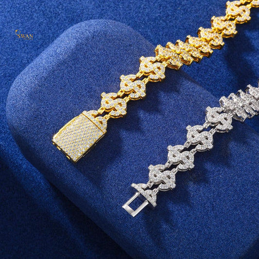 Iced Out Diamond Money and Dollar Sign Bracelets in White Gold and Yellow Gold Sparkling Natural Diamond Hip Hop Luxury Jewelry Gift for Him swandiamond