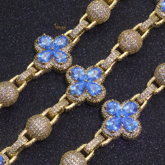 Elegant Flower Link Diamond Bracelet Gold and White Gold Plated with Blue and Clear Stones Fully Iced Out Pave Setting Luxury Hip Hop Jewelry for Men and Women swandiamond