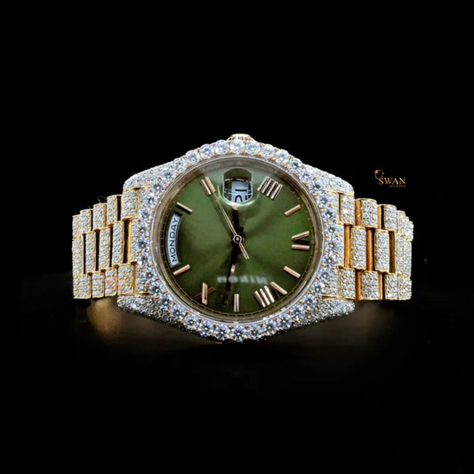 Luxury Iced Out Rose Gold Diamond Watch with Green Dial Full Pave Bracelet Custom Bezel High End Jewelry Gift for Men and Women swandiamond