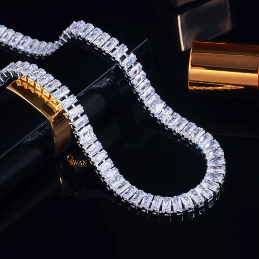 Baguette Cut Diamond Tennis Necklace in White and Yellow Gold Luxury Statement Jewelry for Men and Women swandiamond