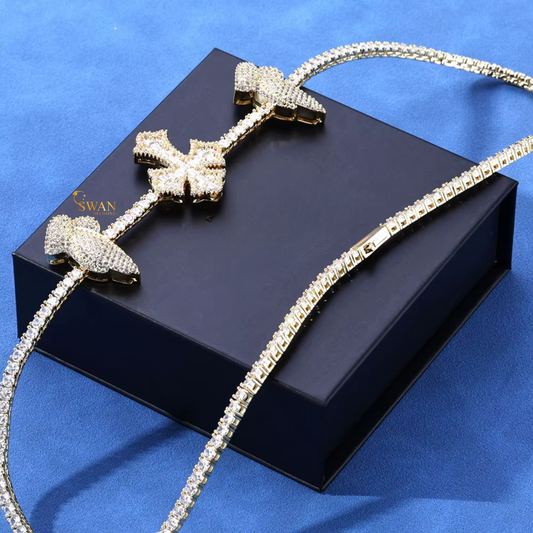 Angel Wing and Cross Diamond Tennis Necklace White Gold and Yellow Gold Iced Out Luxury Jewelry Statement Gift for Men and Women swandiamond