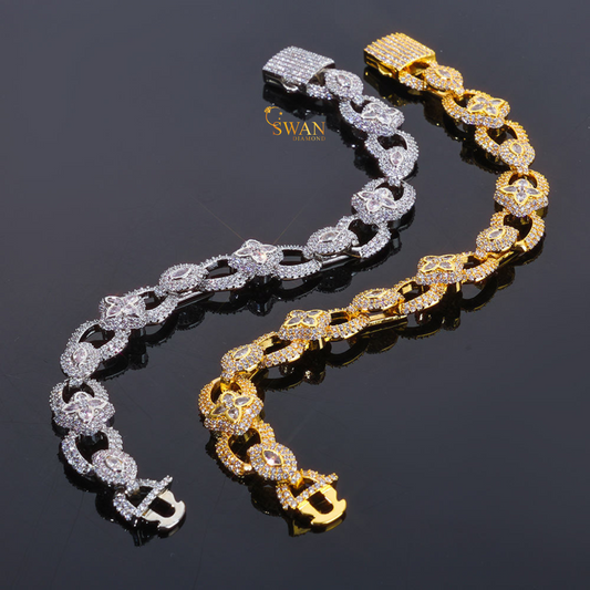 Icy Flower Link Diamond Bracelet White Gold and Yellow Gold Plated Cuban Chain with Pave Setting Sparkling Stones for Men and Women Hip Hop Statement Jewelry swandiamond