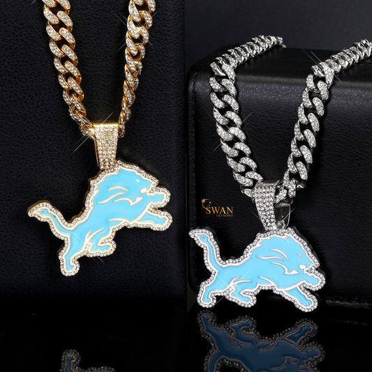 Iced Out Detroit Lions Pendant with Gold Diamond Cuban Link Chain Luxury Hip Hop Jewelry Custom Team Bling Necklace for Men swandiamond