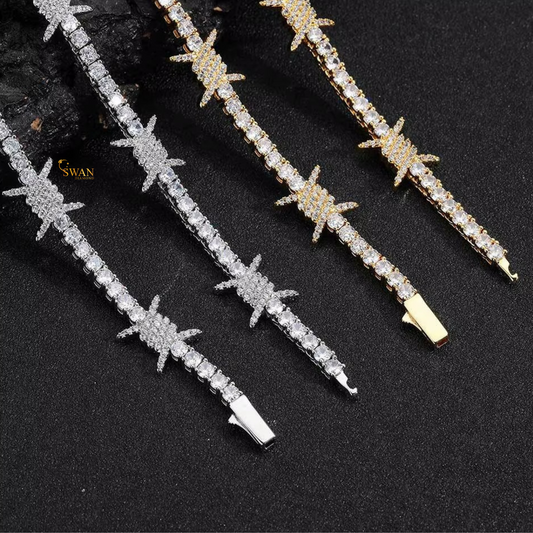 Iced Out Barbed Wire Diamond Necklace Dual Tone Tennis Chain in White and Yellow Gold Sparkling Statement Luxury Jewelry for Men and Women swandiamond