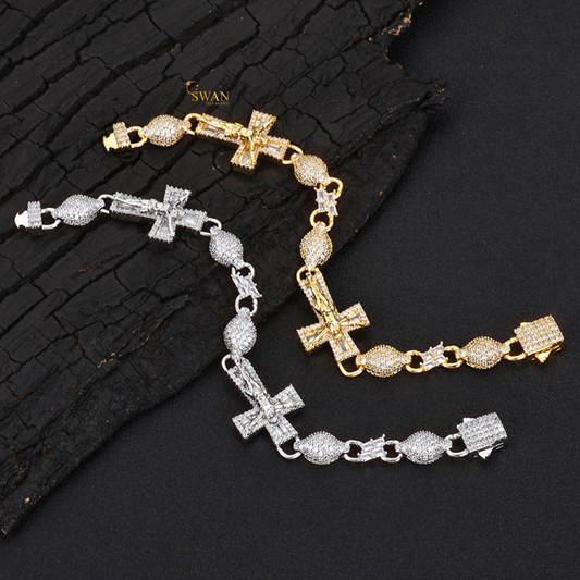 Premium Icy Cross Link Bracelet White Gold and Yellow Gold Plated Diamond Pave Setting Hip Hop Inspired Luxury Jewelry swandiamond