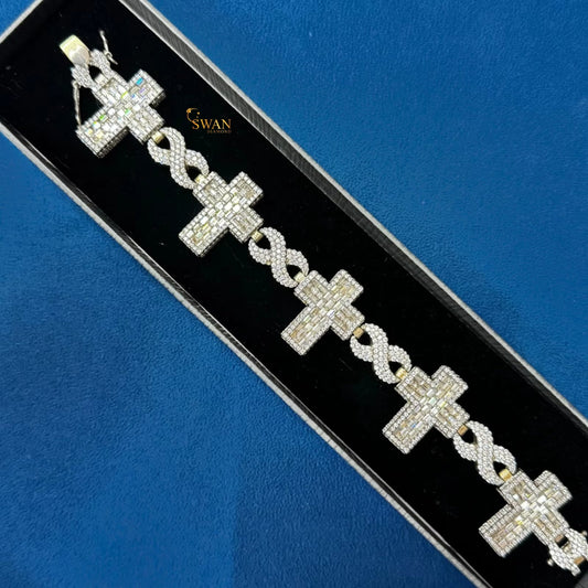 Iced Out Diamond Cross Link Bracelet Luxury Statement Jewelry with Baguette and Round Natural Diamonds for Men and Women swandiamond