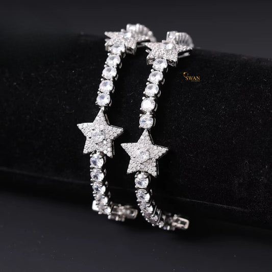 Star Design Diamond Tennis Bracelet in White Gold with Round Cut Stones and Pave Star Accents Elegant Statement Jewelry for Women swandiamond