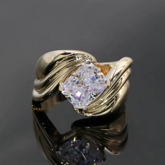 Radiant Cut Diamond Solitaire Engagement Ring in 925 Silver Unique Twisted Bypass Modern Statement Gold Plated Bridal Jewelry Gift for Her