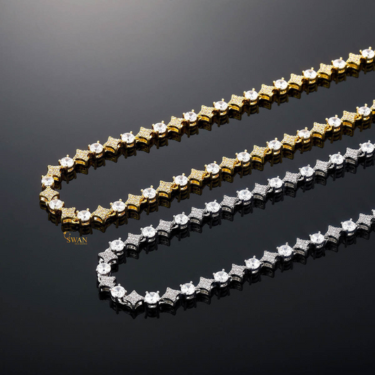 Round Cut Diamond Tennis Necklace with Pave Square Links in White and Yellow Gold Luxury Statement Jewelry for Men and Women swandiamond