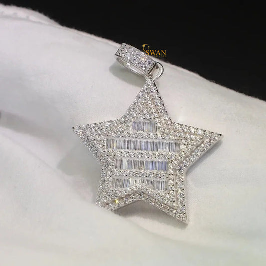 Baguette And Round Brilliant Cut Moissanite Diamonds Bust Down In 925 Sterling Silver Star Pendant For Unisex