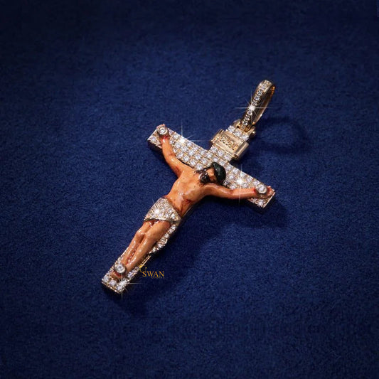 Unique Religious Cross Jesus Pendant Fully Bust Down Round Cut Moissanite Diamond In 10k Solid Gold
