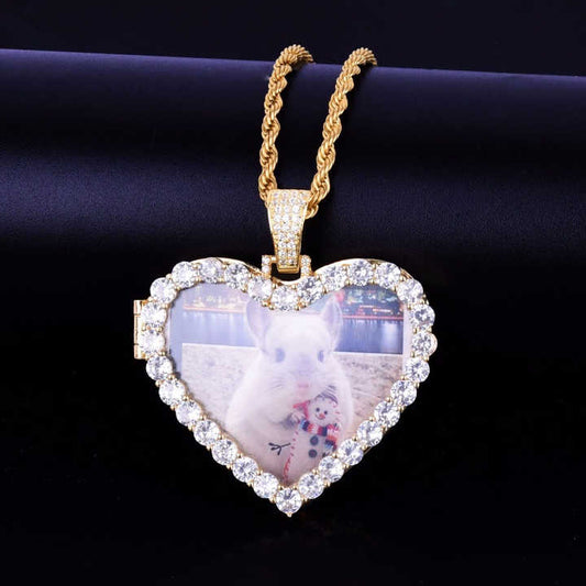 Trendy  Heart Shaped Photo Picture Moissanite Diamond Studded Hip Hop Pendants
