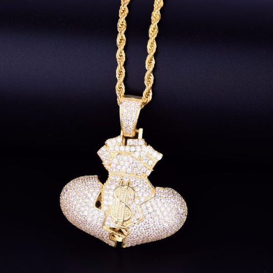 925 Sterling Silver Iced Out Broken Heart Money Bag  Hip Hop Pendant