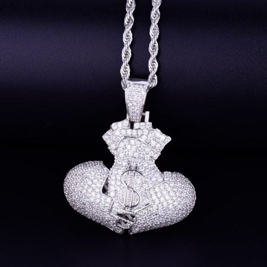925 Sterling Silver Iced Out Broken Heart Money Bag  Hip Hop Pendant