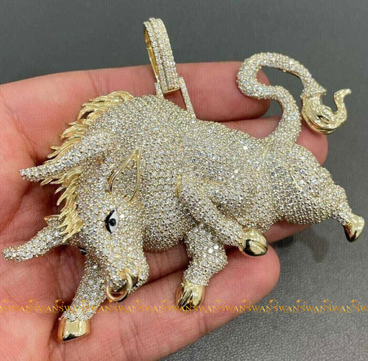 Bull Pendant Cubic Zirconia Yellow Gold Plated Sterling Silver 3D For Men Or Women